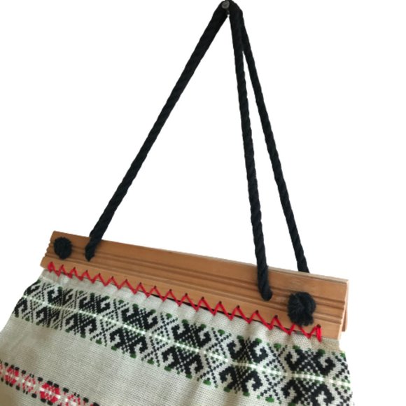 Vintage Tribal Pattern Rope Wood Handmade Tote Bag - Picture 6 of 13